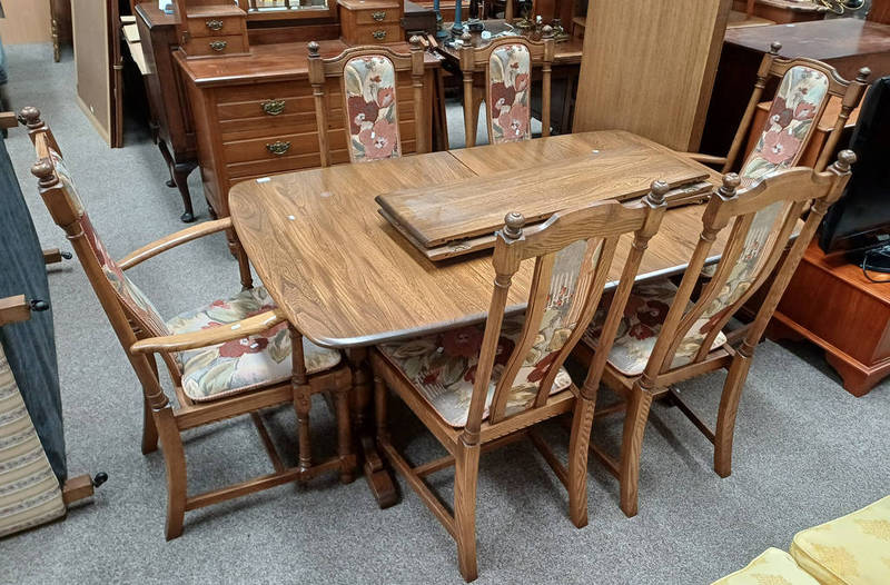 ERCOL ELM EXTENDING DINING TABLE WITH 3 EXTRA LEAVES AND SET OF 6 DINING CHAIRS INCLUDING 2