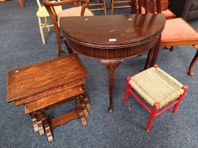 MAHOGANY DEMI-LUNE GAMES TABLE, NEST OF 3 OAK TABLES,