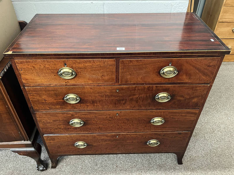 19TH CENTURY CROSSBANDED MAHOGANY CHEST OF 2 SHORT OVER 3 LONG DRAWERS ON SPLAYED SUPPORTS.