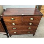 19TH CENTURY CROSSBANDED MAHOGANY CHEST OF 2 SHORT OVER 3 LONG DRAWERS ON SPLAYED SUPPORTS.