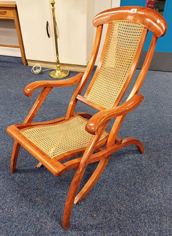 EARLY 20TH CENTURY MAHOGANY FRAMED FOLDING STEAMER ARMCHAIR WITH BERGERE PANEL BACK & SEAT