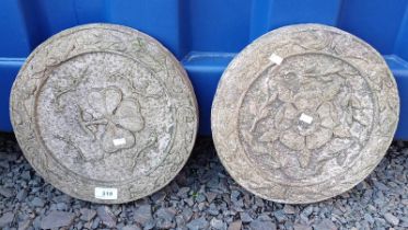 PAIR OF RECONSTITUTED STONE PAVING STONES, 1 DECORATED WITH A ROSE,