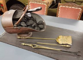 COPPER COAL SCUTTLE WITH CONTENTS, BRASS FIRE IRONS,