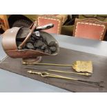 COPPER COAL SCUTTLE WITH CONTENTS, BRASS FIRE IRONS,