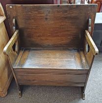 19TH CENTURY OAK MONKS BENCH WITH LIFT UP LID SEAT.