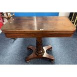 19TH CENTURY MAHOGANY TEA TABLE WITH FLIP TOP ON CENTRE PEDESTAL WITH 4 SPREADING SUPPORTS
