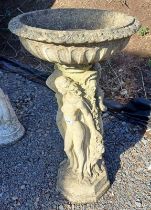 RECONSTITUTED STONE BIRD BATH WITH DECORATIVE PEDESTAL OF 3 LADIES.