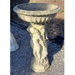 RECONSTITUTED STONE BIRD BATH WITH DECORATIVE PEDESTAL OF 3 LADIES.