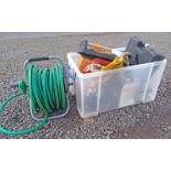 GOOD SELECTION OF TOOLS TO INCLUDE VARIOUS SAWS, FOOT PUMP, VARIOUS SAFETY GLOVES, DRILL BITS,