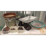 SHOP SCALES AND VARIOUS WEIGHTS, GLAZED PORCELAIN POT,