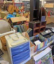 SELECTION OF FILE BOXES, TELEPHONES, FAUX LEATHER COVERED SHELVES,