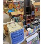 SELECTION OF FILE BOXES, TELEPHONES, FAUX LEATHER COVERED SHELVES,