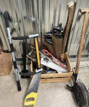 GOOD SELECTION OF TOOLS TO INCLUDE SAWS, WIGAN & LEEDS SHOVEL, CLAMPS,