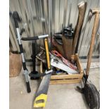 GOOD SELECTION OF TOOLS TO INCLUDE SAWS, WIGAN & LEEDS SHOVEL, CLAMPS,