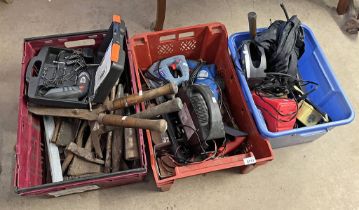 GOOD SELECTION OF VARIOUS TOOLS TO INCLUDE HATCHET, HAMMERS, 4.