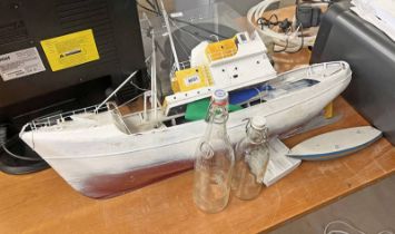 MODEL BOAT, GLASS BOTTLES,