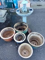 GOOD SELECTION OF GLAZED PLANT POTS IN VARIOUS SIZES & BIRDBATH