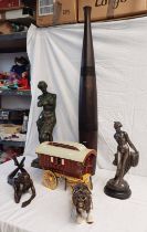 PORCELAIN FIGURE OF A SHIRE HORSE WITH WOODEN CARRIAGE, 3 SCULPTURES OF LADIES, TALLEST 66CM ,