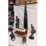 PORCELAIN FIGURE OF A SHIRE HORSE WITH WOODEN CARRIAGE, 3 SCULPTURES OF LADIES, TALLEST 66CM ,