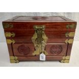 ORIENTAL HARDWOOD JEWELLERY BOX WITH BRASS FIXTURES AND LIFT UP TOP AND 2 DOORS,