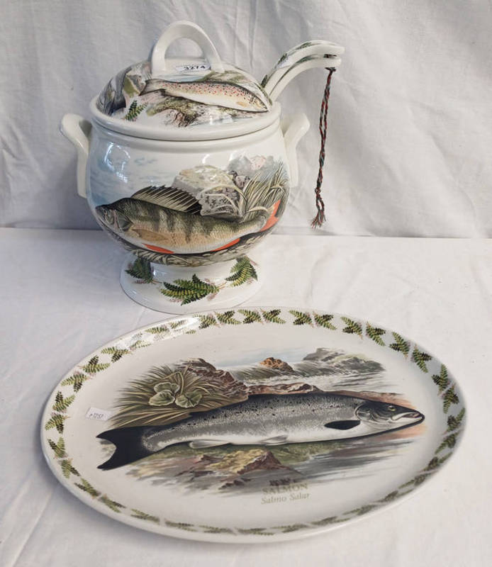 PORTMEIRION THE COMPLETE ANGLER LIDDED TUREEN WITH 2 LADLES & OVAL ASHET