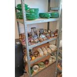 LARGE SELECTION GREEN WEDGWOOD PLATES, ETC, POTTERY HOT WATER BOTTLES, VARIOUS PORCELAIN FIGURES,