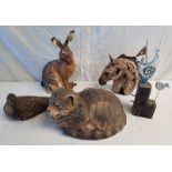 POTTERY CAT, HARE, HORSES HEAD, CURLEW,