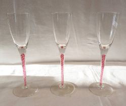 3 19TH CENTURY GLASSES WITH RED TWIST DECORATION