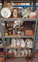 LARGE COPPER BOWL, VARIOUS METAL WARE, MANTLE CLOCK, GOOD SELECTION OF PARAGON PORCELAIN TEAWARE,