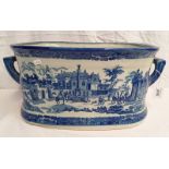 BLUE & WHITE IRONSTONE CERAMIC PLANTER DEPICTING A CLASSICAL SCENE,