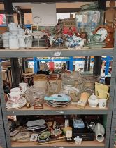 NORITAKE PORCELAIN TEASET, PORCELAIN HORSE, OAK MANTLE CLOCK, BRASS & IRON SCALES & WEIGHTS,