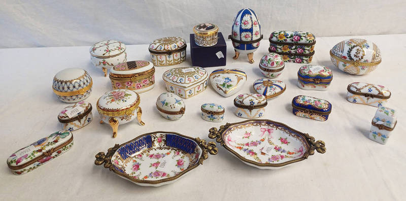 EXCELLENT SELECTION OF PAINTED PORCELAIN BOXES TO INCLUDE LIMOGES EGG BOXES, LIMOGES HEART BOXES,