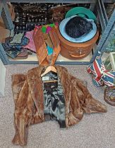 HAT BOX & VARIOUS LADIES HATS, FUR COAT, LEATHER SCHOOL BAG, VARIOUS OTHER HAND BAGS,