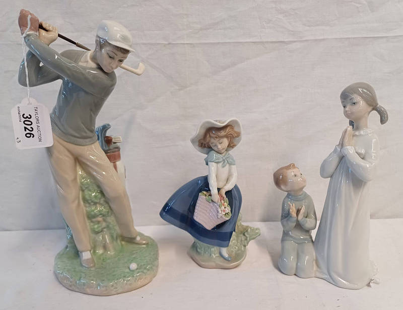 3 LLADRO FIGURES - MAN GOLFING, FLOWER GIRL,