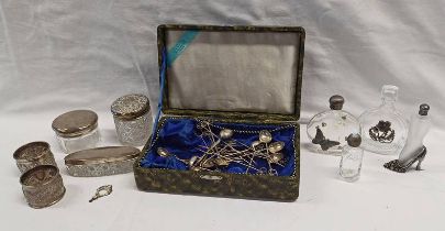 SILVER TOPPED JAR, VARIOUS SCENT BOTTLES, VARIOUS ORIENTAL SPOONS & FORKS, VARIOUS NAPKIN RINGS,