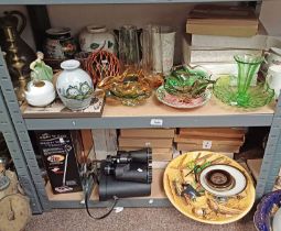 ROYAL DOULTON FIGURE, ART GLASS BOWLS & VASES, PAIR OF 12 X 50 CHINON BINOCULARS,