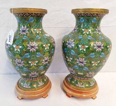 PAIR OF CLOISONNE VASES WITH FLORAL PATTERN DECORATION WITH HARDWOOD STANDS,