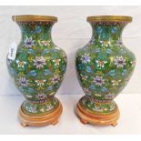PAIR OF CLOISONNE VASES WITH FLORAL PATTERN DECORATION WITH HARDWOOD STANDS,