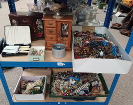LARGE SELECTION COSTUME JEWELLERY, 2 JEWELLERY BOXES, VARIOUS SILVER PLATED WARE, WRIST WATCHES,