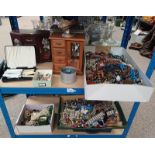 LARGE SELECTION COSTUME JEWELLERY, 2 JEWELLERY BOXES, VARIOUS SILVER PLATED WARE, WRIST WATCHES,