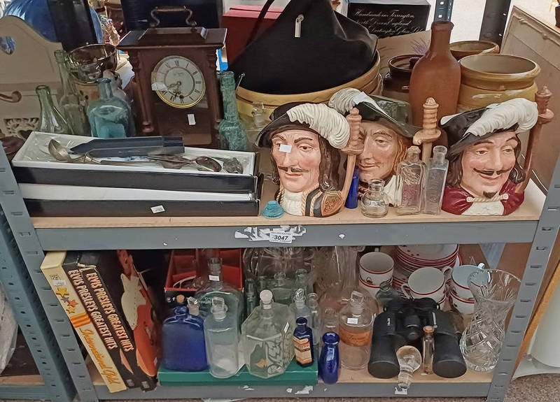 3 LARGE DOULTON TOBY JUGS, THE 3 MUSKETEERS, VARIOUS OTHER PORCELAIN GLASS MANTLE CLOCKS,