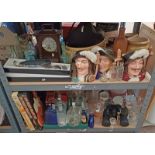 3 LARGE DOULTON TOBY JUGS, THE 3 MUSKETEERS, VARIOUS OTHER PORCELAIN GLASS MANTLE CLOCKS,