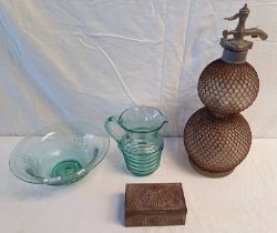 GLASS EWER & BASIN WITH ENGRAVED DECORATION AND METAL BOUND SODA SYPHON,