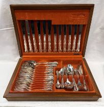 TEAK CASED CANTEEN OF SILVER PLATED CUTLERY, 6 PLACE SETTING BY W.