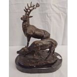 BRONZE SCULPTURE OF A DEER AND STAG ON MARBLE BASE, 23.