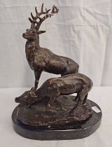 BRONZE SCULPTURE OF A DEER AND STAG ON MARBLE BASE, 23.