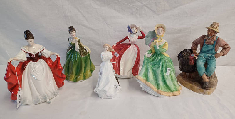 6 ROYAL DOULTON FIGURES TO INCLUDE THANKSGIVING HN2446, MARY HN3903, ELIZABETH HN2946,