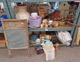 VARIOUS BRASSWARE, IRONWARE, PORCELAIN SELECTION, CRESTED BUTTONS, METAL BOX,