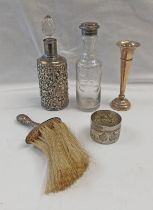 SILVER MOUNTED GLASS SCENT BOTTLE, SILVER SPILL VASE,