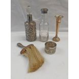 SILVER MOUNTED GLASS SCENT BOTTLE, SILVER SPILL VASE,